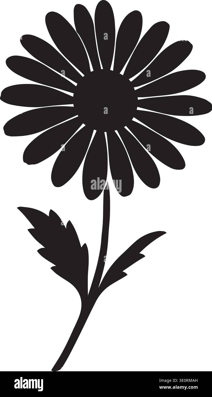Black vector silhouette of a single daisy flower with long stem and ...
