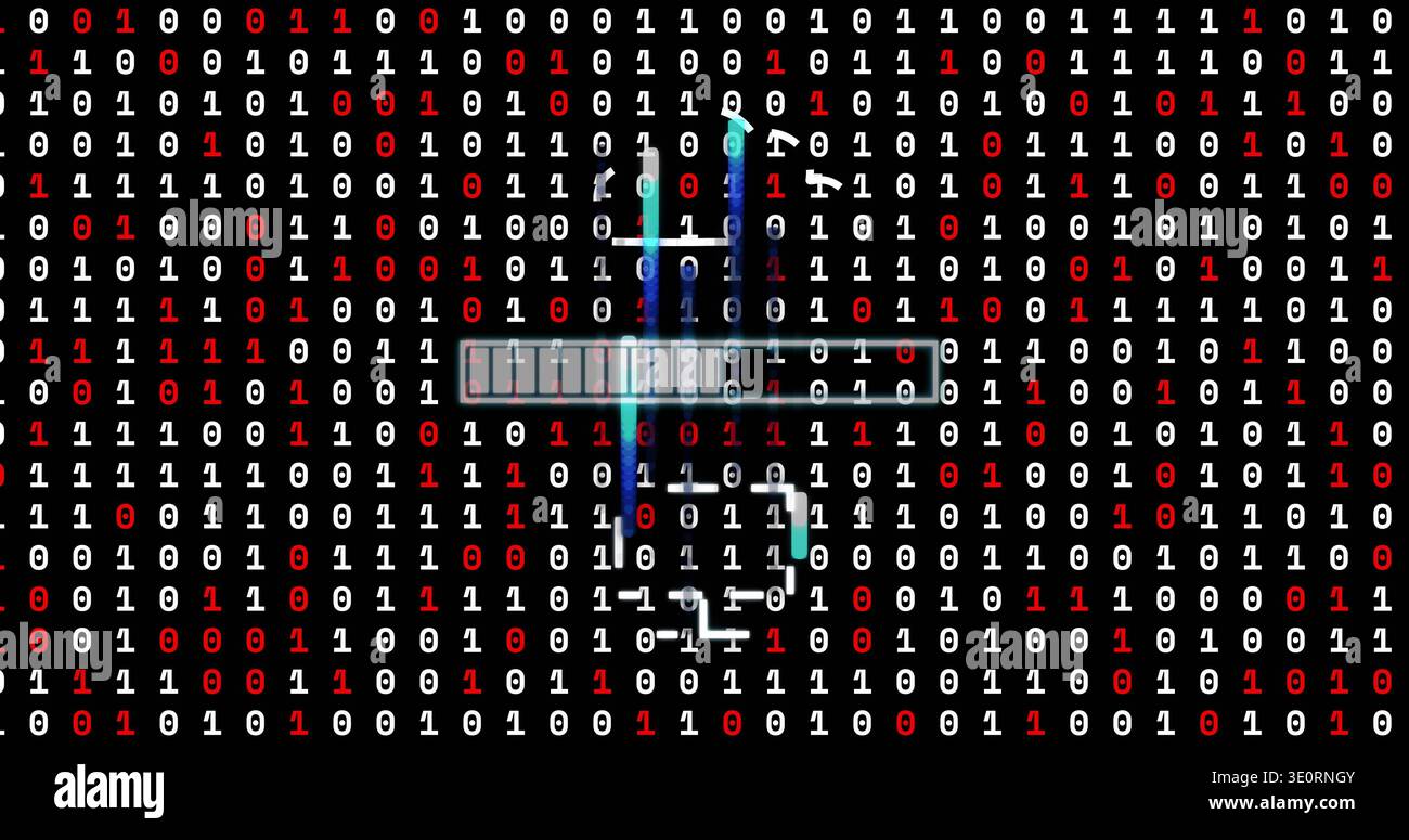 Showing central UI displaying segmented bar, neon streaks, binary grid and glitches on data screen Stock Photo