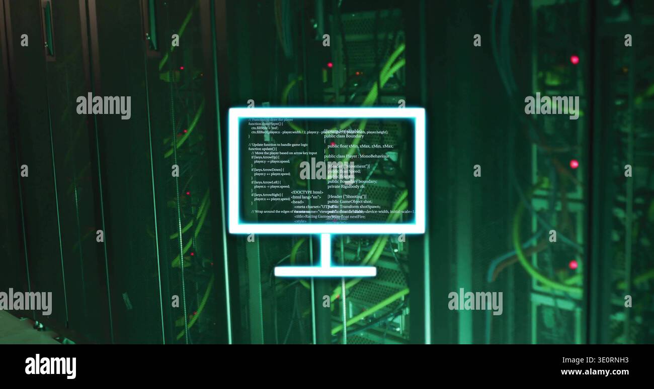 Displaying monitor icon showing code in narrow data center aisle, rack ...
