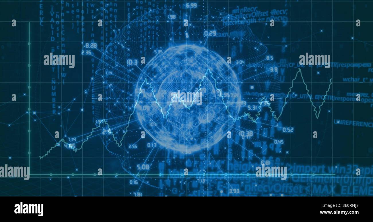 Glowing holographic wireframe sphere pulsing, projecting line charts and numeric code on dark grid Stock Photo
