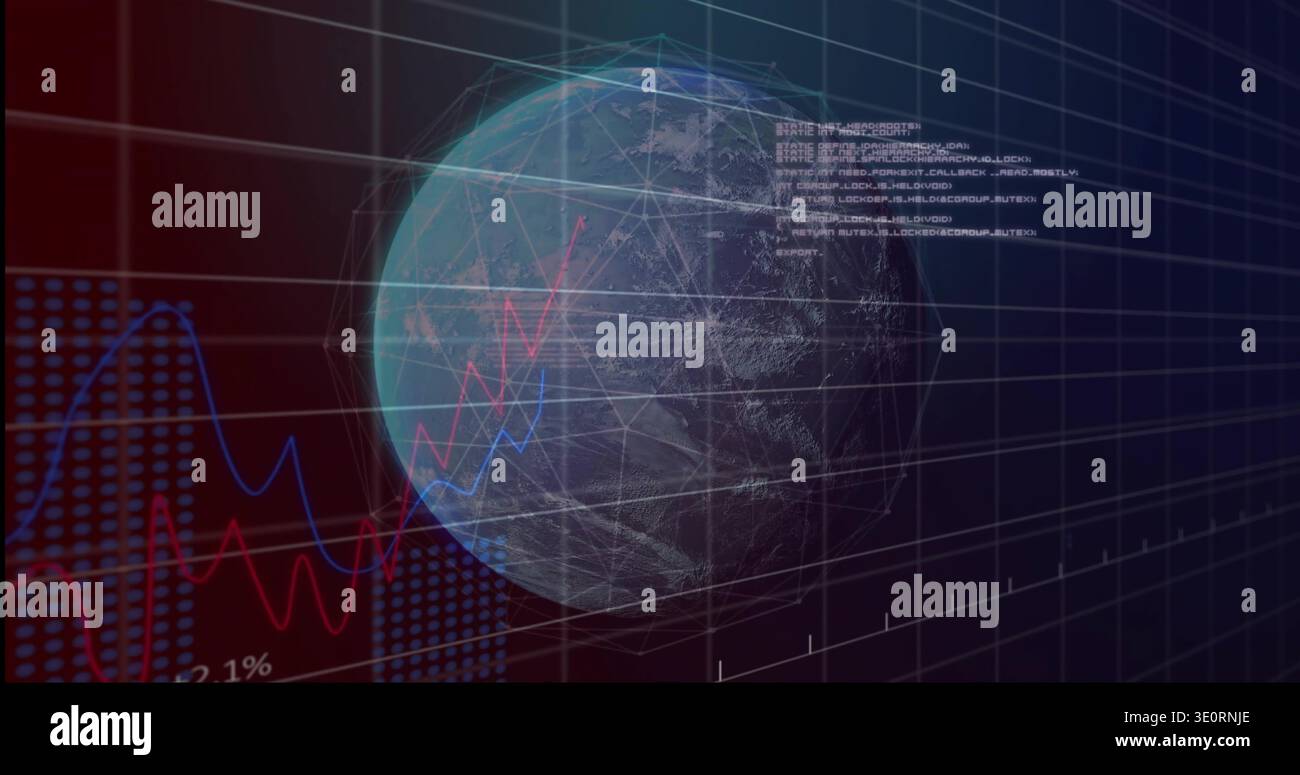 Displaying translucent 3D globe rotating in data dashboard, showing wireframe grid and graphs Stock Photo