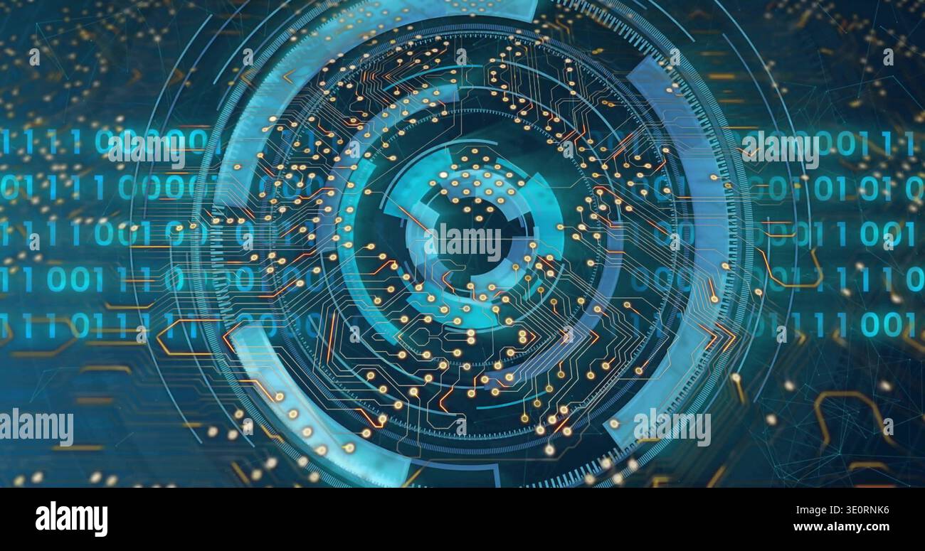 Pulsing futuristic circular interface displaying binary streams in virtual HUD, with gold circuits Stock Photo
