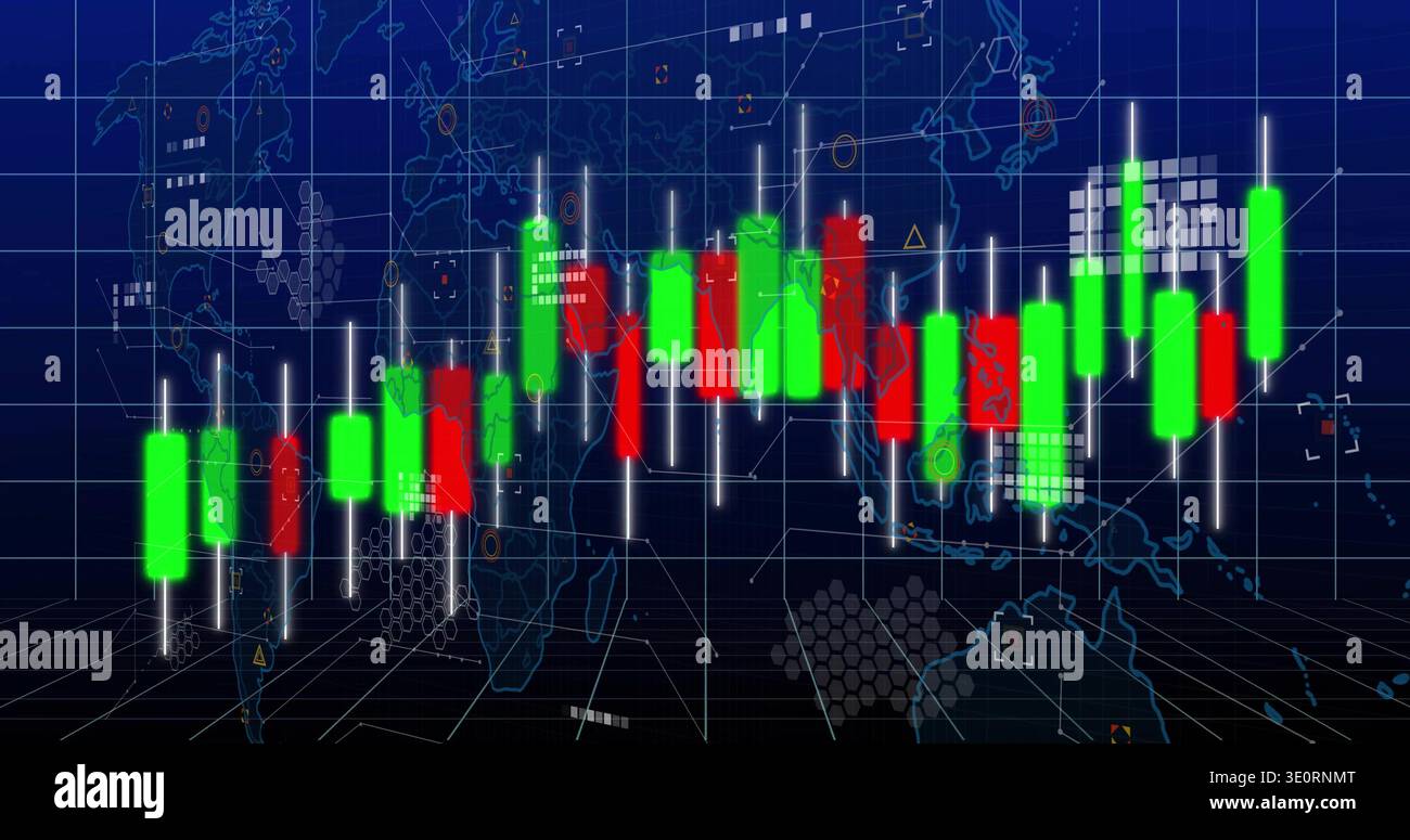 Displaying candlestick bars and white wicks floating on global dashboard, with grid markers Stock Photo