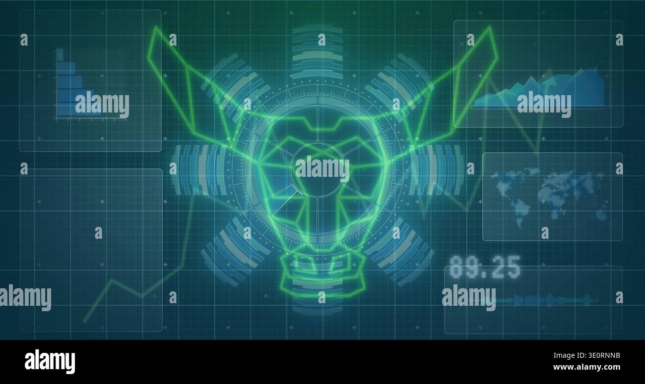 Displaying neon-green wireframe helmet emblem glowing on teal grid, showing rings, charts, 89 Stock Photo