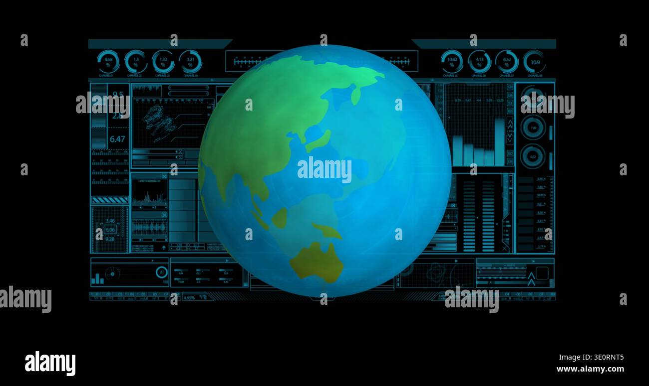 Displaying large stylized globe glowing on analytics dashboard, with HUD panels and charts Stock Photo