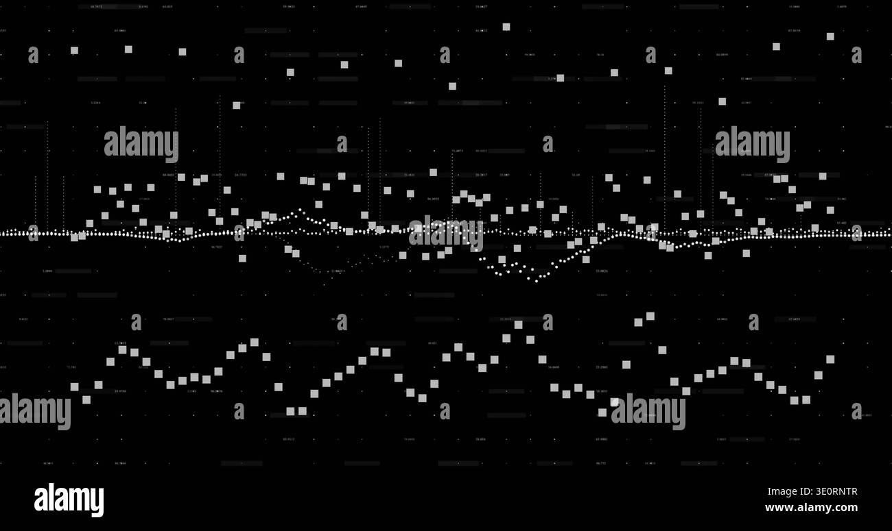 Displaying central dotted waveform and stepped square clusters on digital display, with grid lines Stock Photo