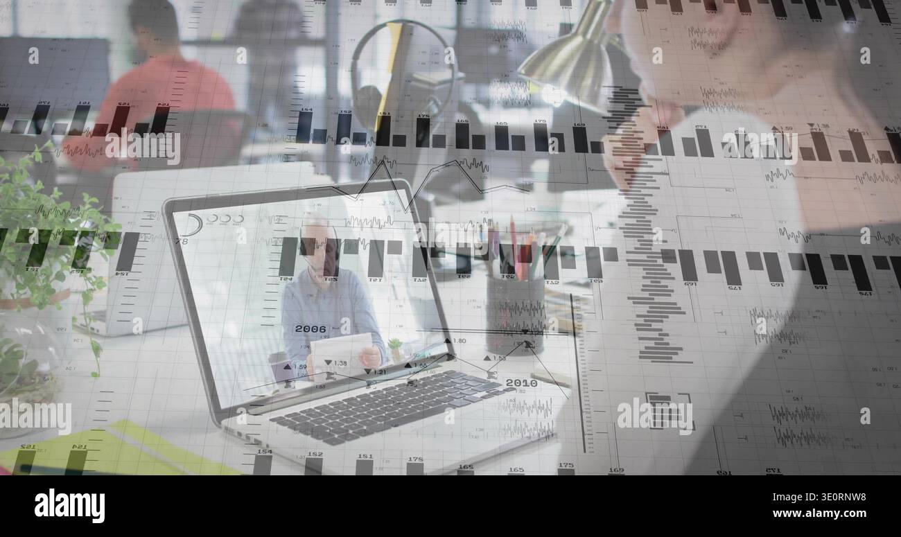 Showing silver laptop displaying remote man wearing business casual in open office, chart overlay Stock Photo