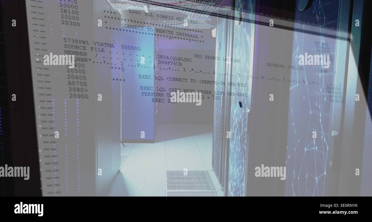 Displaying server room corridor with rack cabinets, raised floor, reflective glass showing SQL text Stock Photo