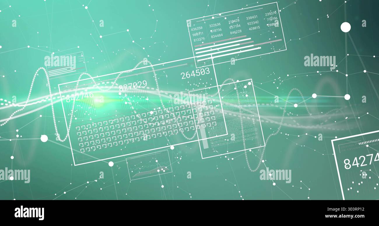 Displaying translucent keyboard schematic glowing over waveform lines in 3D UI with floating panels Stock Photo