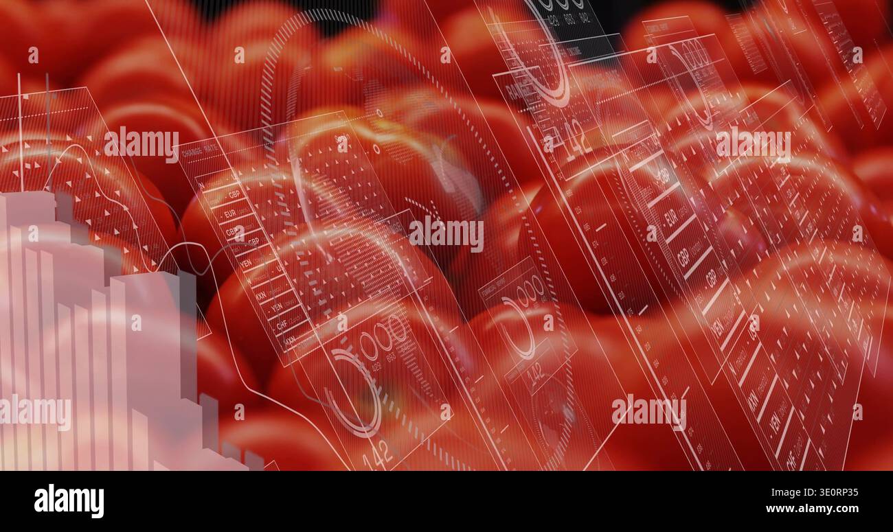 Flowing red waves displaying translucent HUD panels and numeric readouts in digital visualization Stock Photo