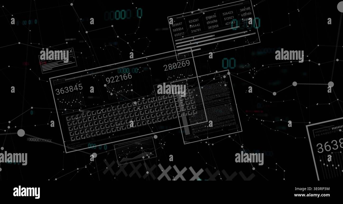 Displaying translucent keyboard schematic in data HUD, floating panels, numeric overlays, network Stock Photo