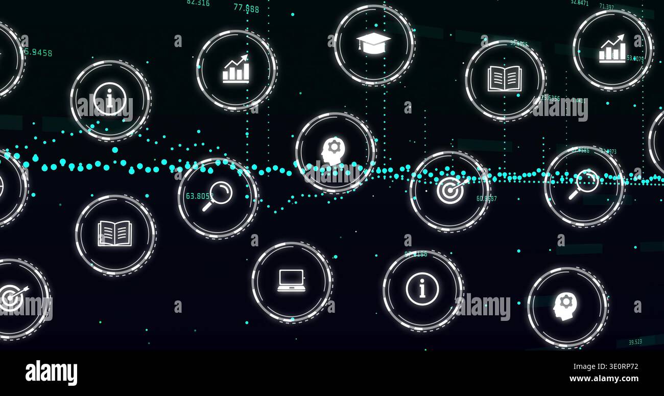 Displaying centered network of glowing circular data nodes on virtual dashboard, with aqua waveform Stock Photo