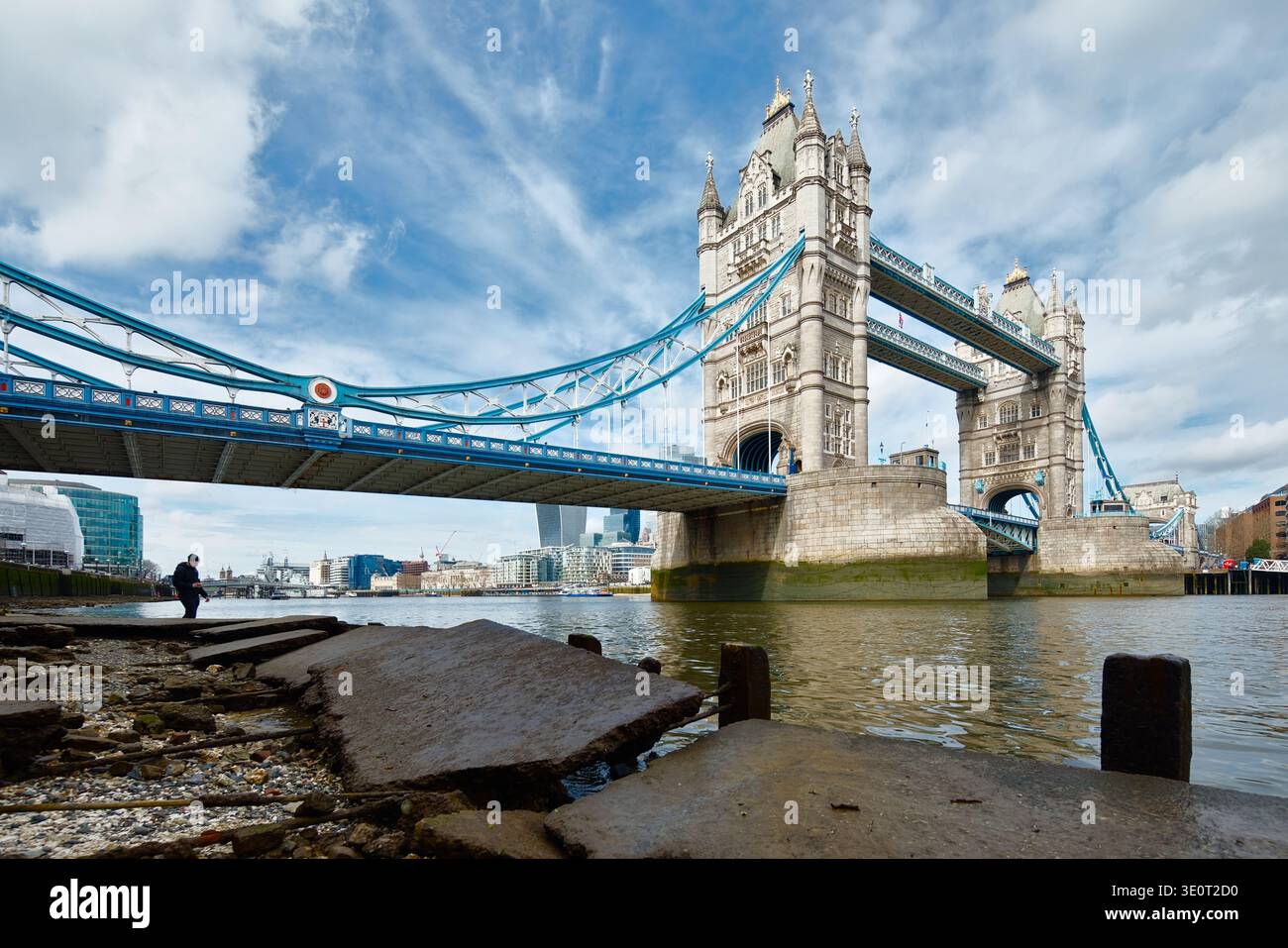 Tower Bridge at low tide, London. Stock Photo