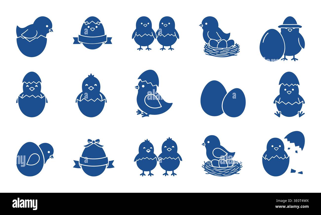 Blue Easter Chick Vector Icon Set. Hatching Eggs, Nests & Cute Spring ...