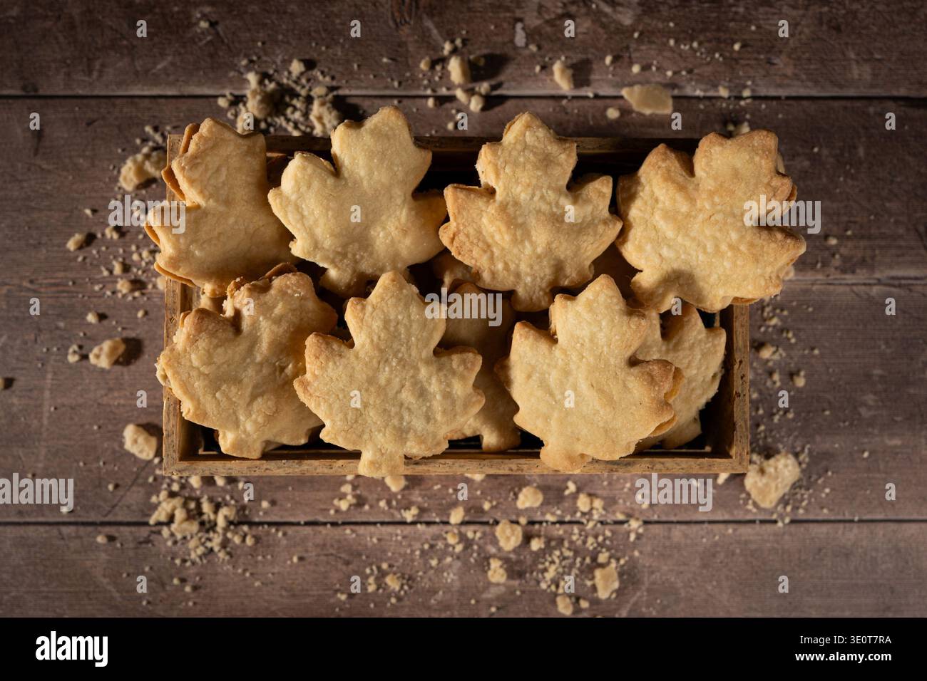 Canadian Maple Leaf Shortbread Cookies in Rustic Wood Box Stock Photo