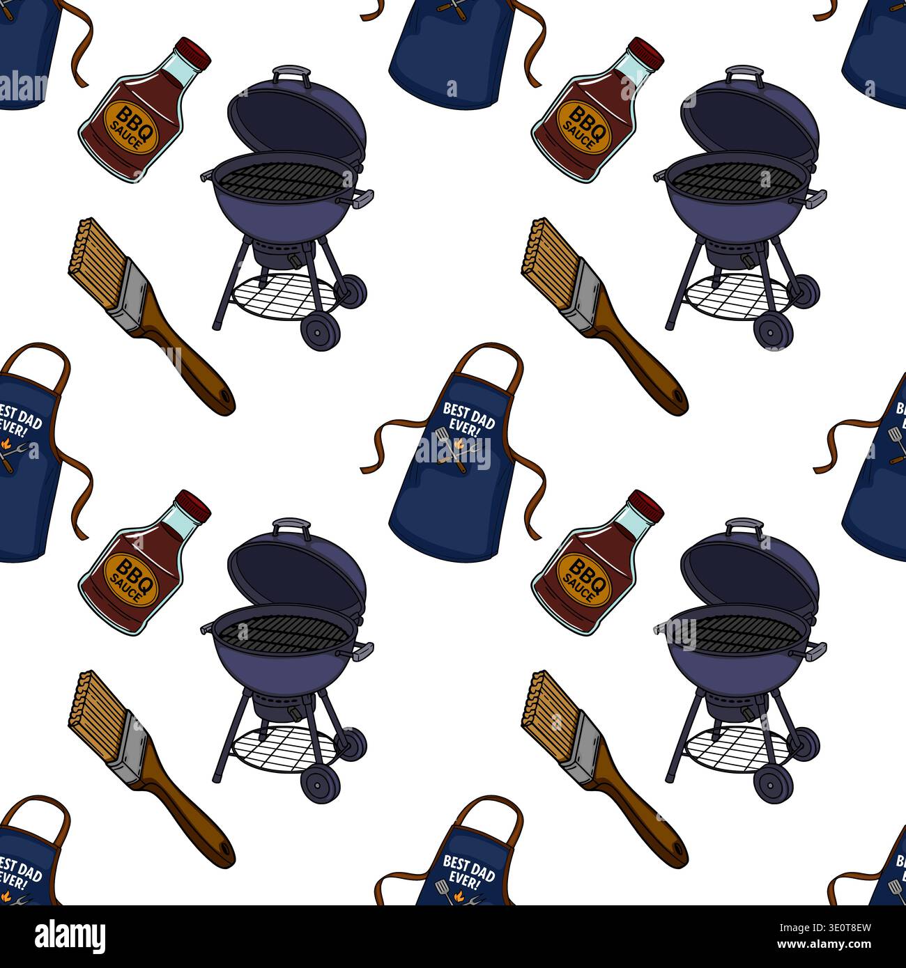 Seamless vector pattern of BBQ grill, sauce bottle, apron, and brush for Father's Day celebration. Stock Vector