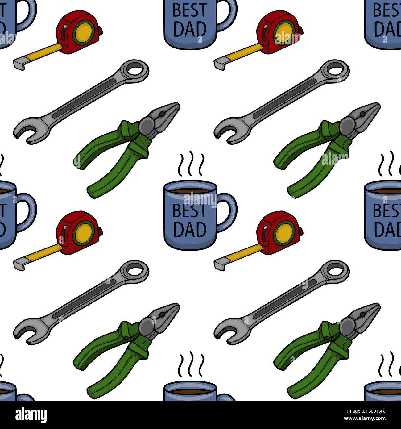 Father's Day vector pattern with tools and coffee mug, seamless illustration Stock Vector
