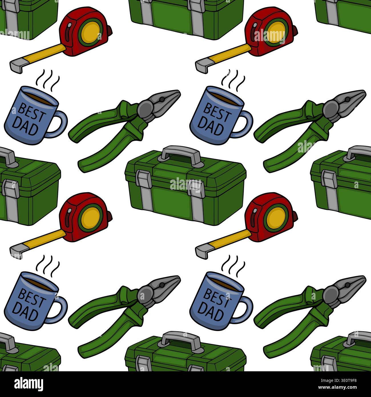 Father's Day vector pattern with tools and coffee mug Stock Vector