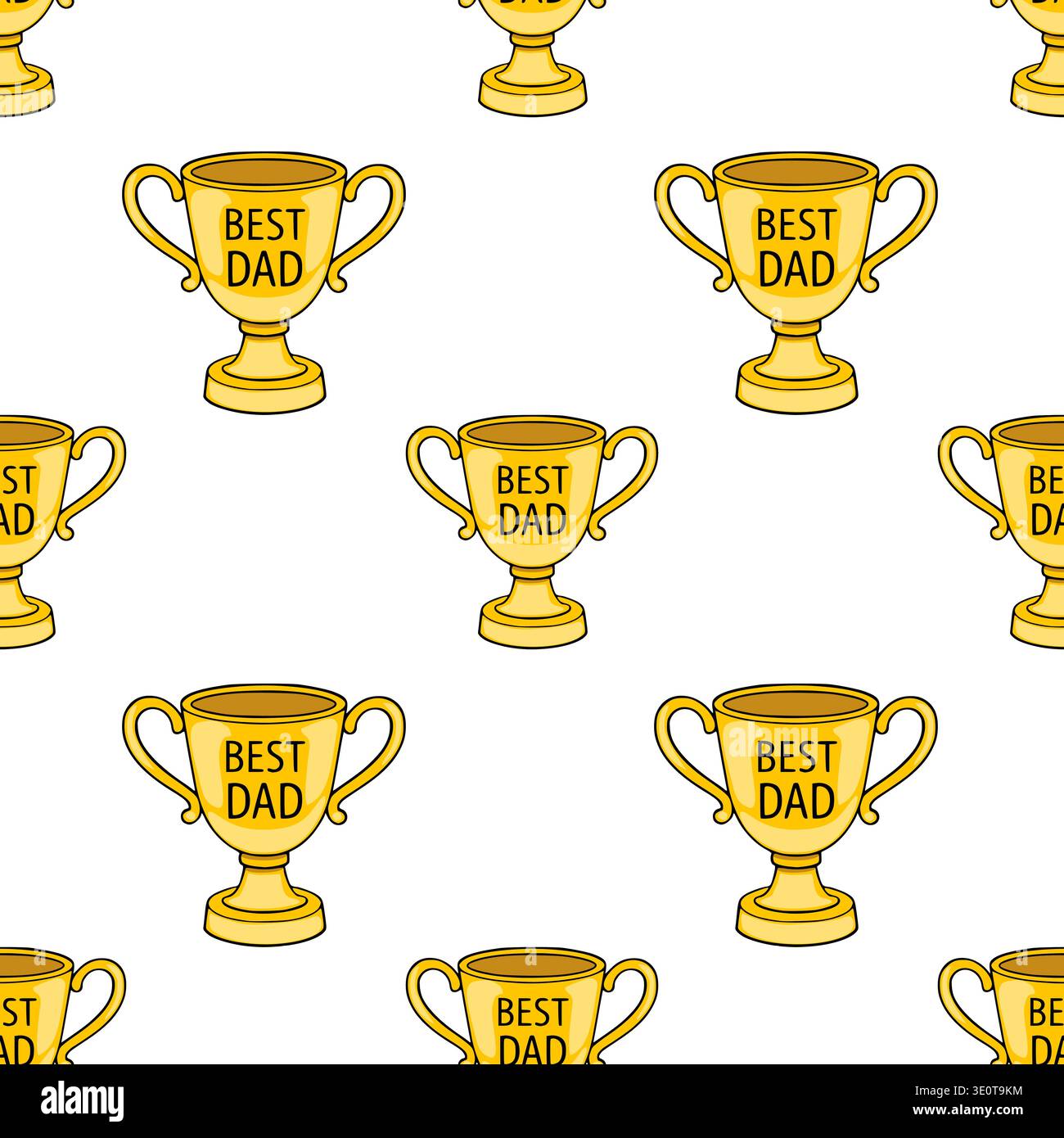 Seamless pattern of golden "Best Dad" trophy illustrations on a white background, vector Stock Vector