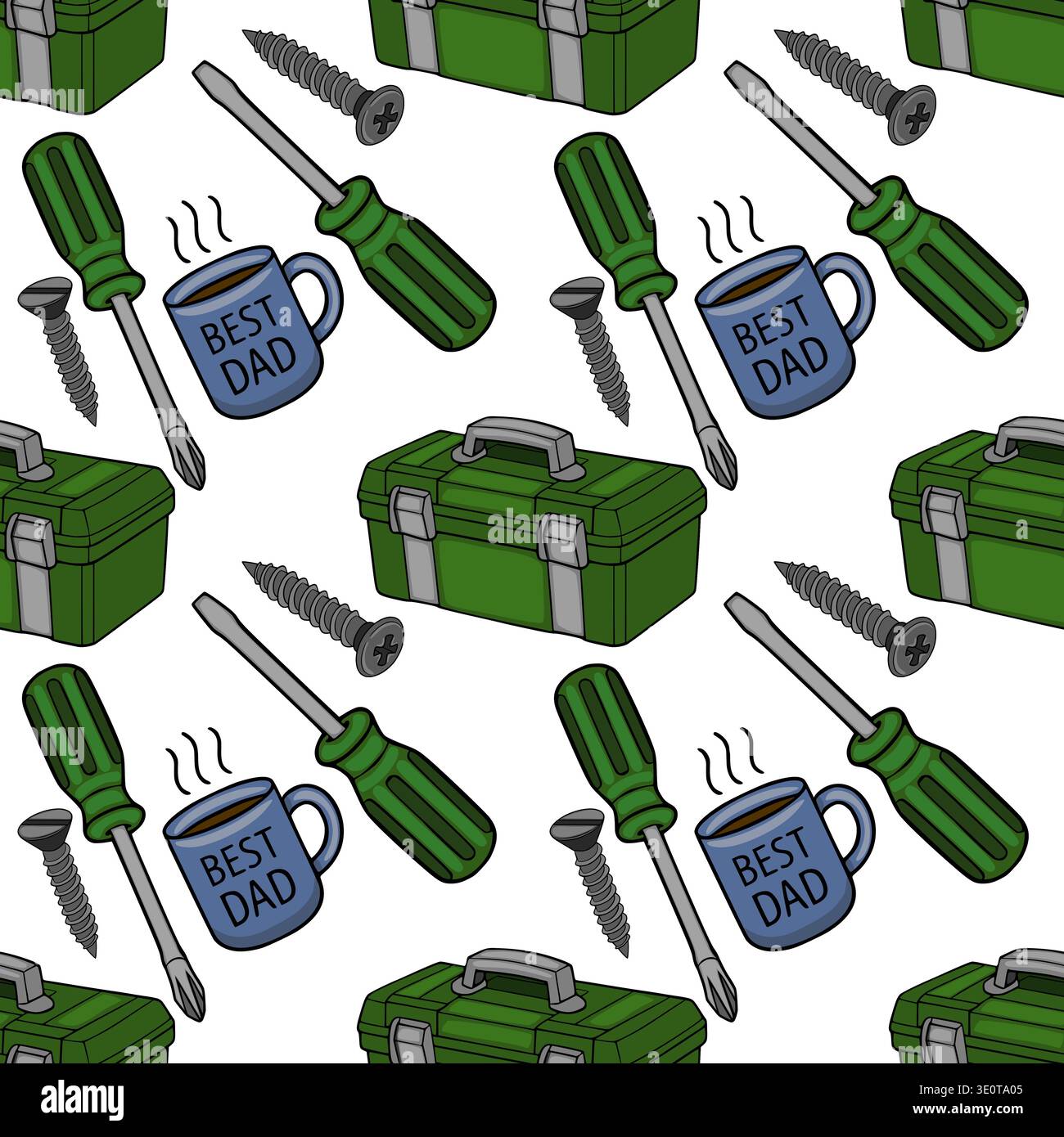 Father's Day vector pattern with toolboxes, screwdrivers, screws, and "Best Dad" mug Stock Vector