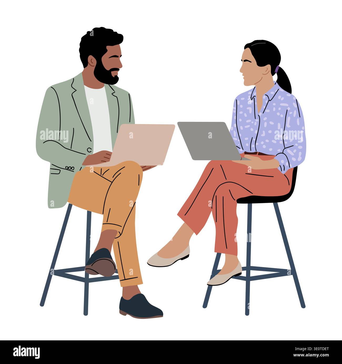 Two professionals sit on stools, using a laptop Stock Vector