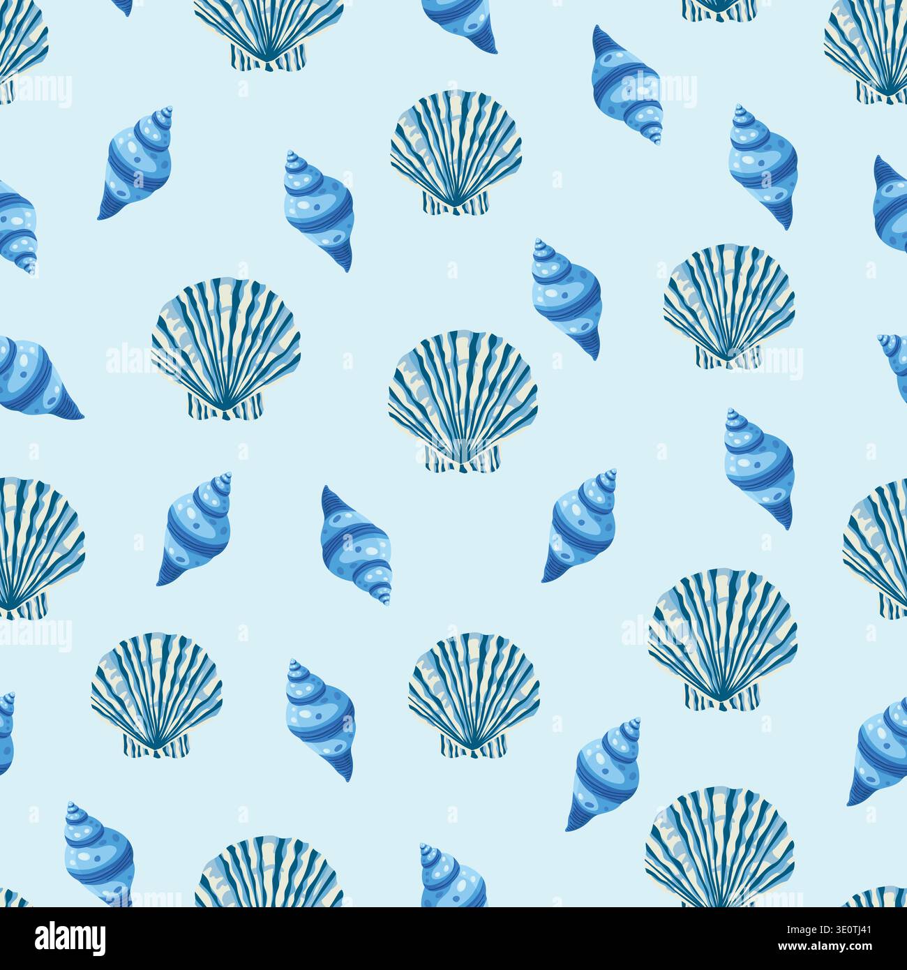 Seashells seamless pattern. Flat vector clipart, illustration with isolated background. Stock Vector