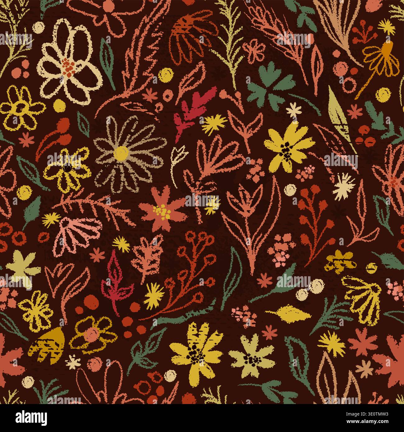Seamless dark background autumn flowers. hand drawing. Not AI, Vector illustration Stock Vector