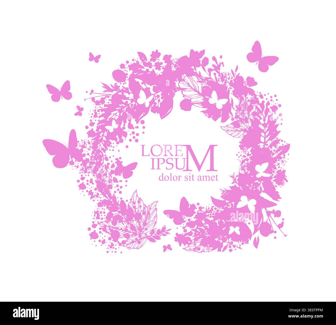 Abstract round frame with pink flowers and butterflies . hand drawn. Not AI, Vector illustration Stock Vector