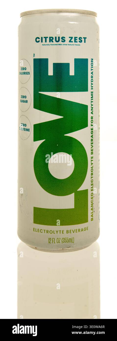 Winneconne, WI - 7 March 2026: A can of Love citrus zest drink on an isolated background. Stock Photo
