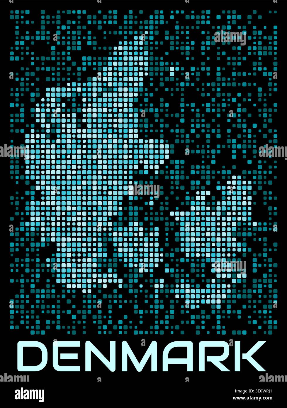 Denmark digital dotted map. Shape of the country in cyan color palette on dark background. Futuristic Denmark map design. Vector illustration. Stock Vector