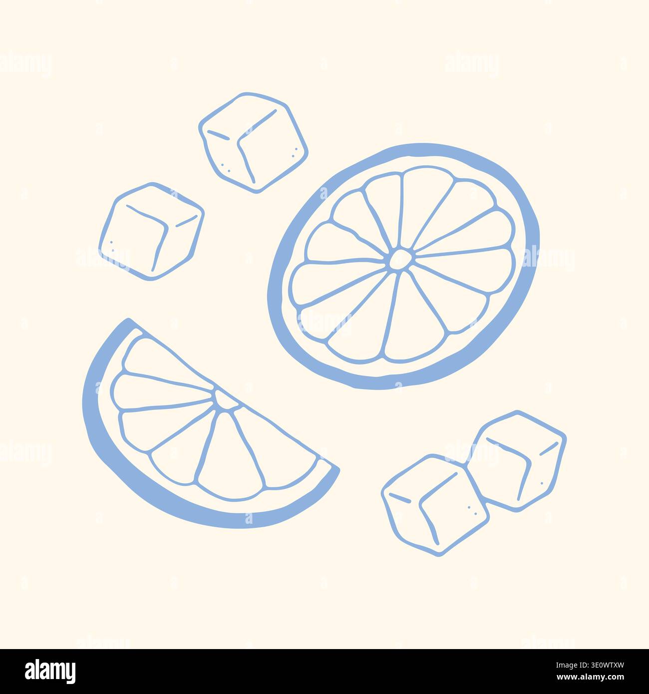 Fresh hand drawn vector illustration of lemon slices and sugar cubes. Essential tea accessories in blue line art for kitchen decor, recipe books, cafe Stock Vector