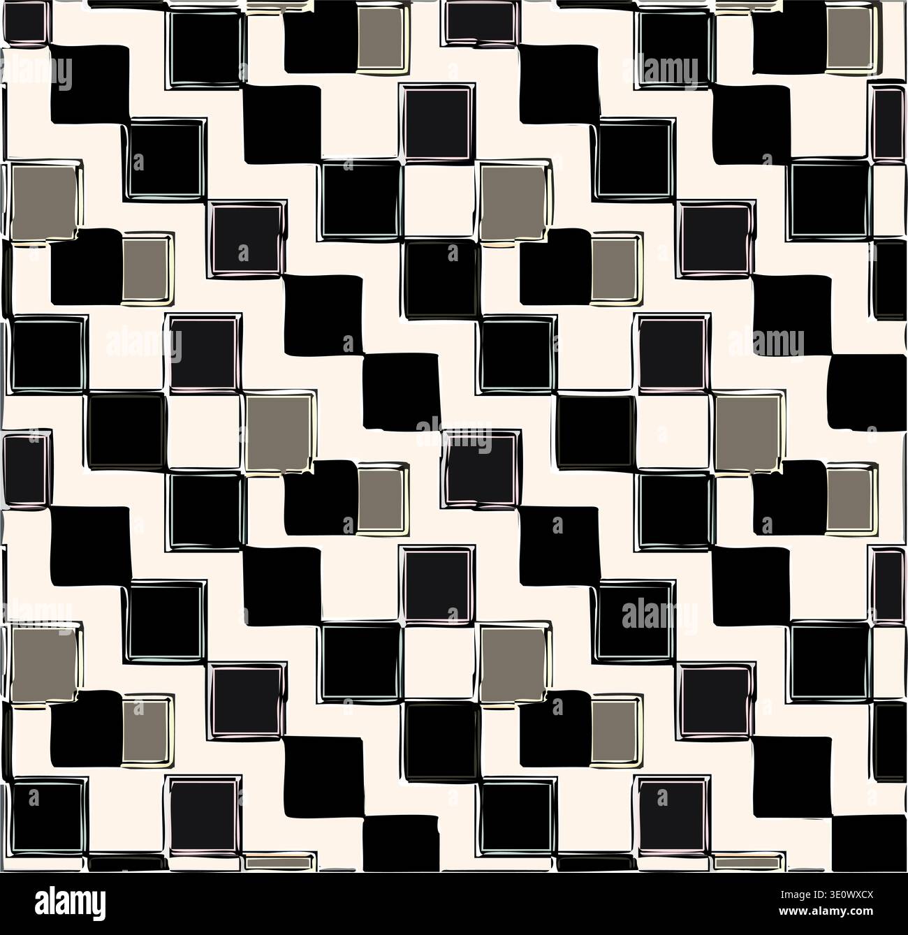 A modern, abstract geometric pattern featuring repeating black, white, and gray squares with a distinct shadow effect that creates a 3D or "dancing" Stock Vector