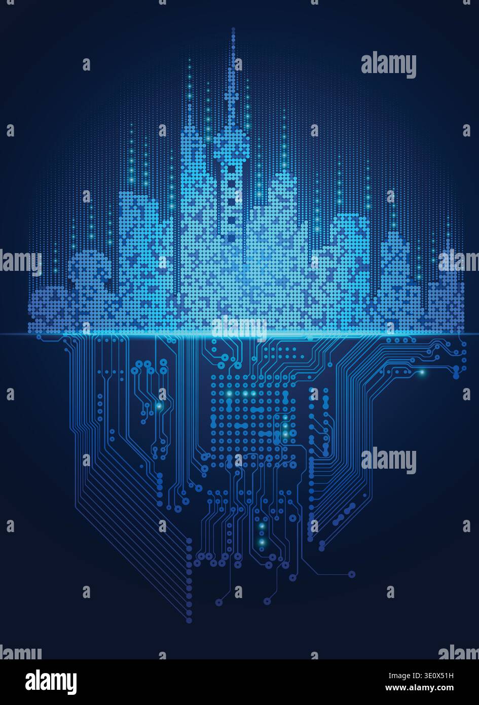 abstract technology background; digital building in a matrix style; technological city combined with electronic board Stock Vector
