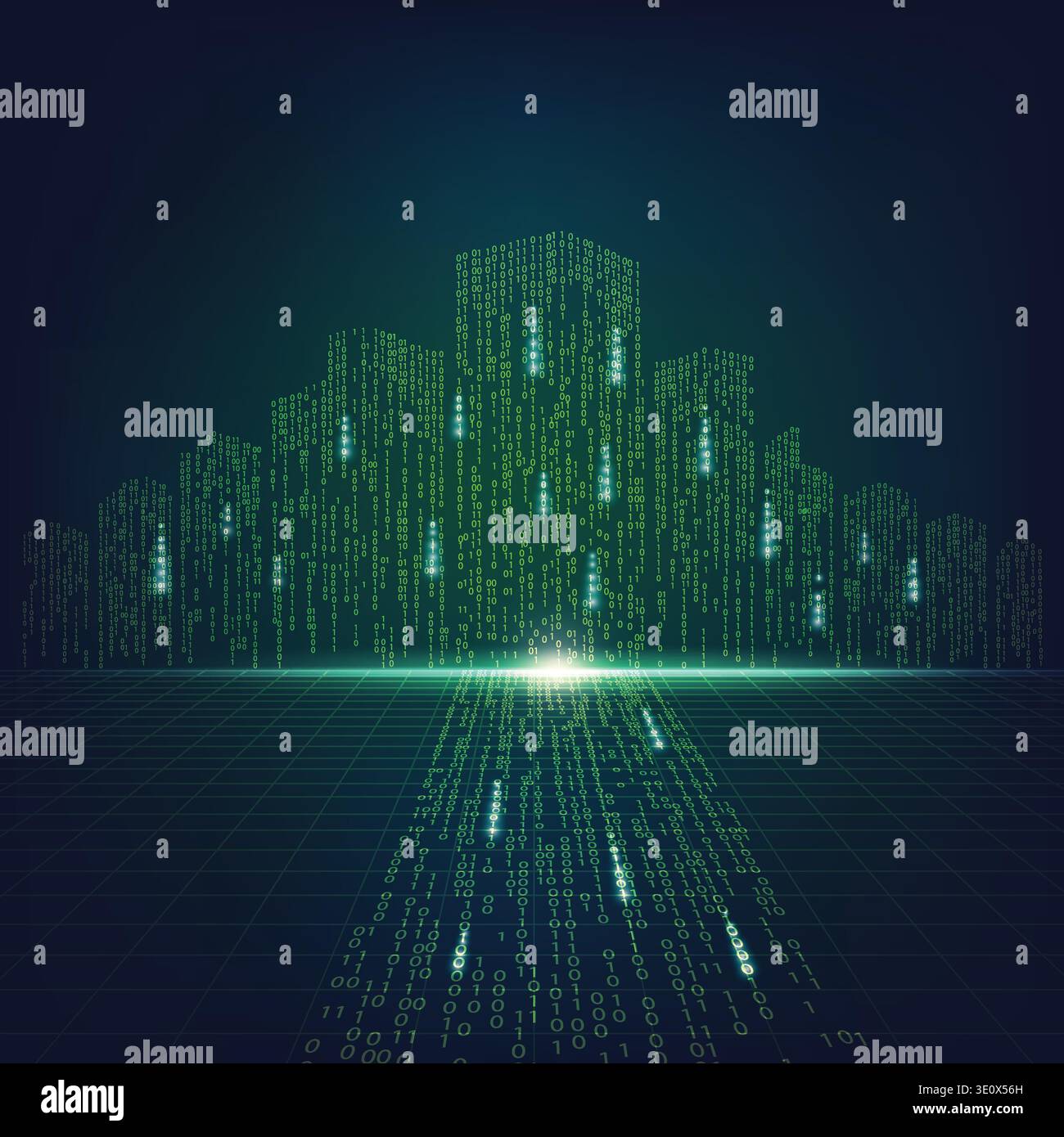 concept of digital advancement technology, digital cityscape in matrix style; binary city of green light, Stock Vector