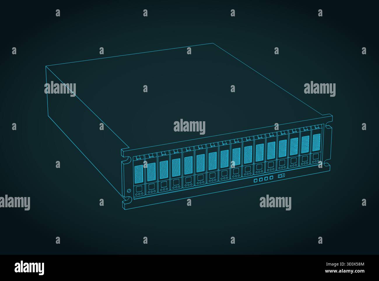 Rackmount storage disk array blueprint stylized vector illustration ...