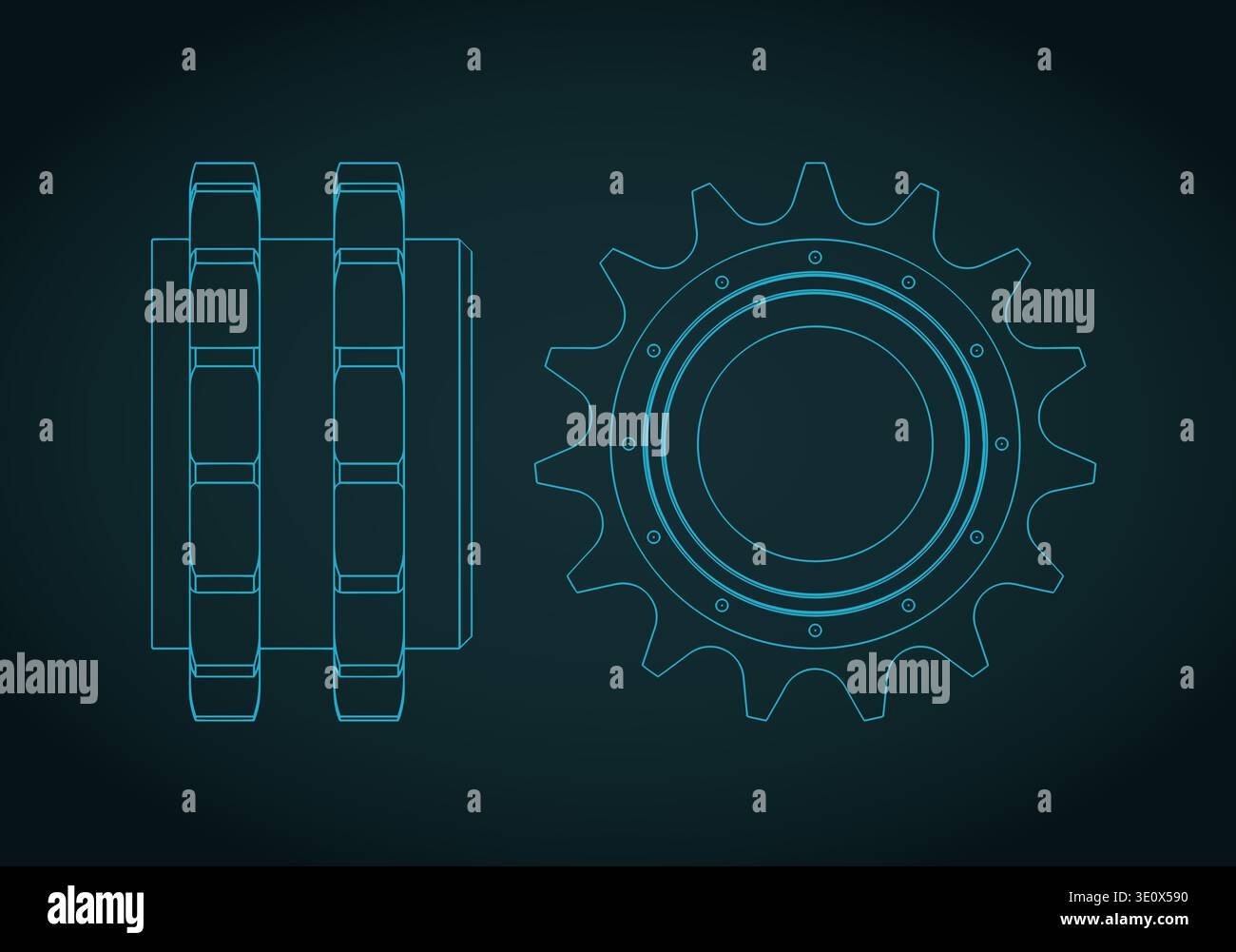 Double sprocket chain wheel blueprints stylized vector illustration Stock Vector