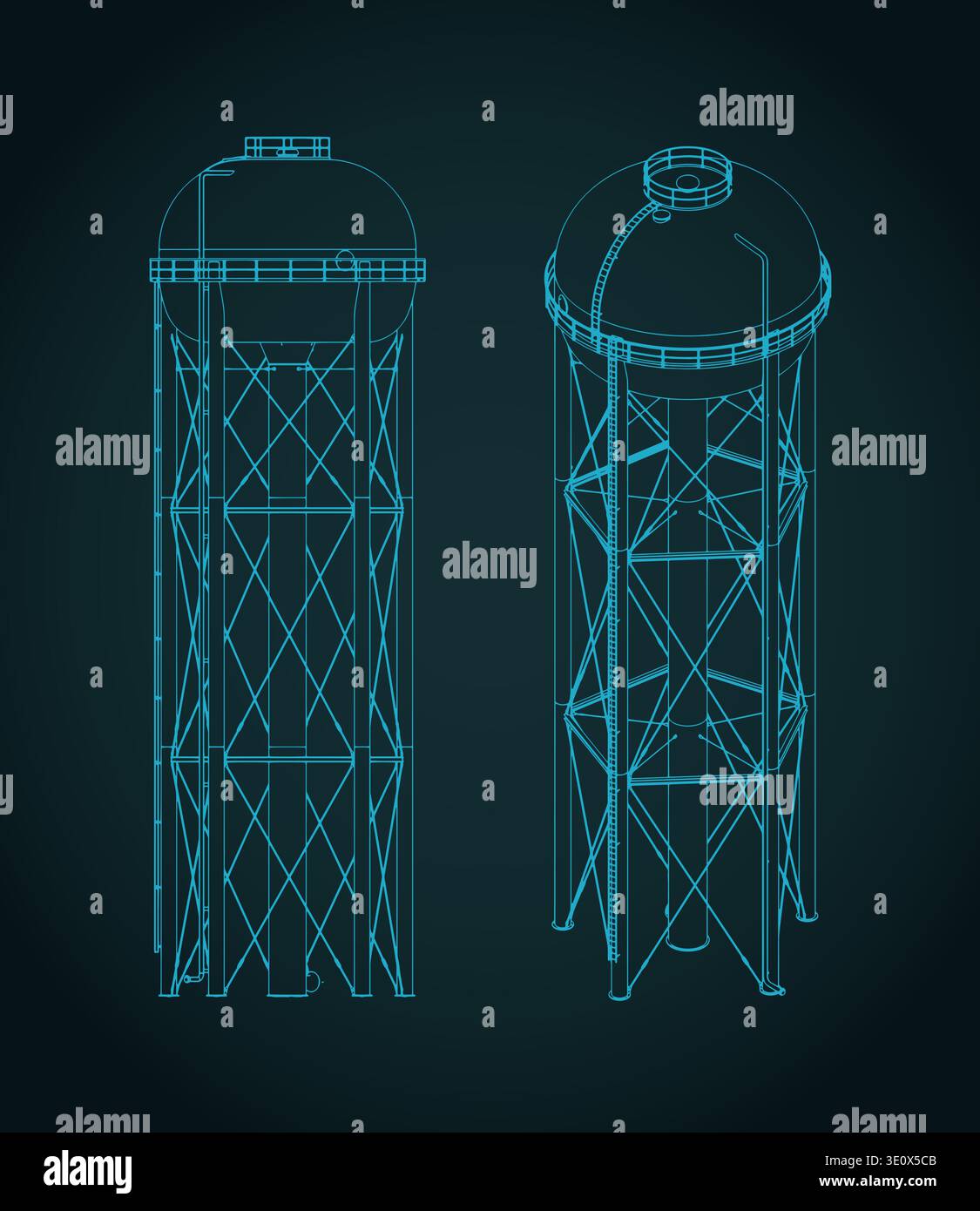 Water tower isometric blueprints stylized vector illustration Stock Vector