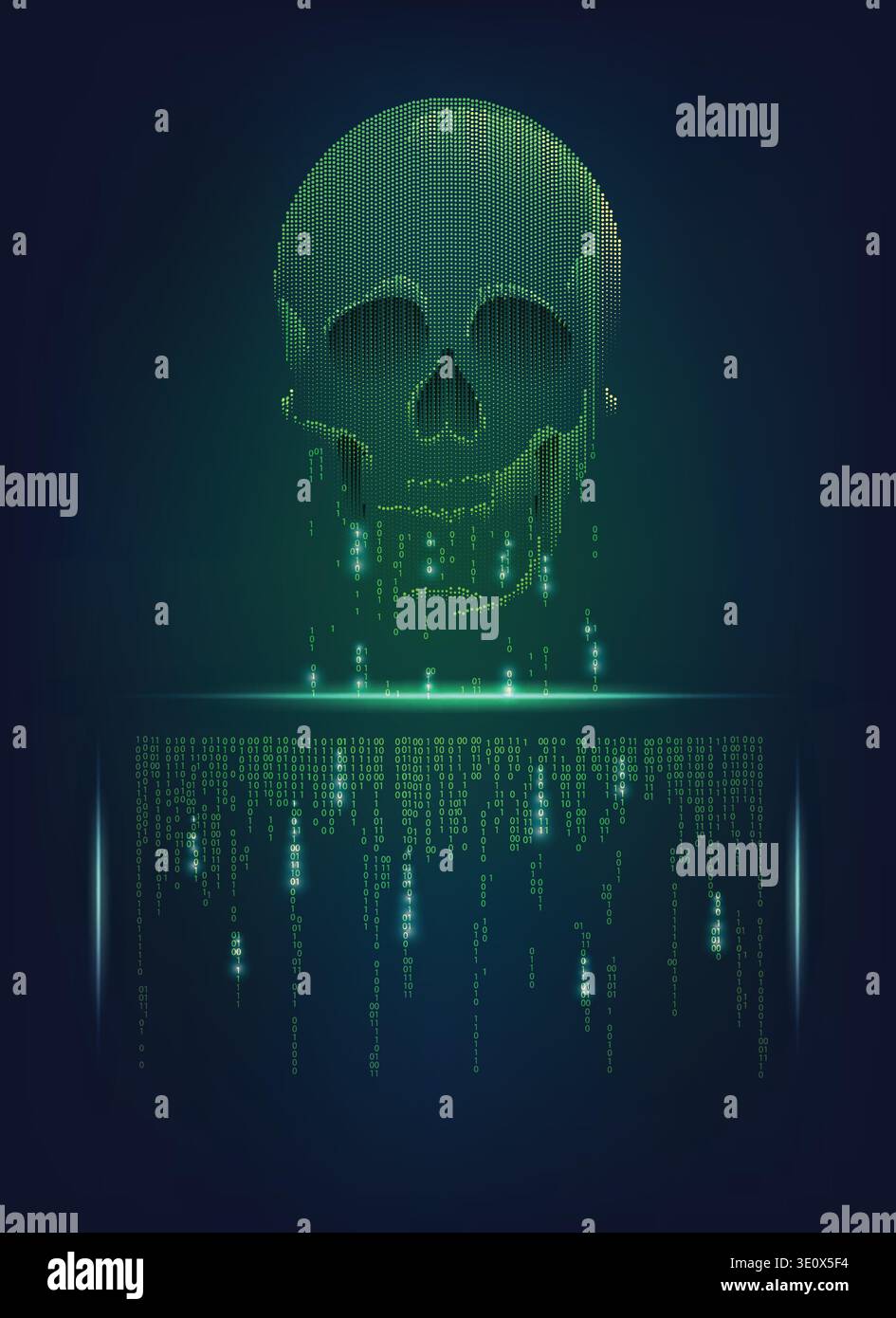 concept of virus computer, internet piracy and hacking, shape of skull combined with binary code Stock Vector