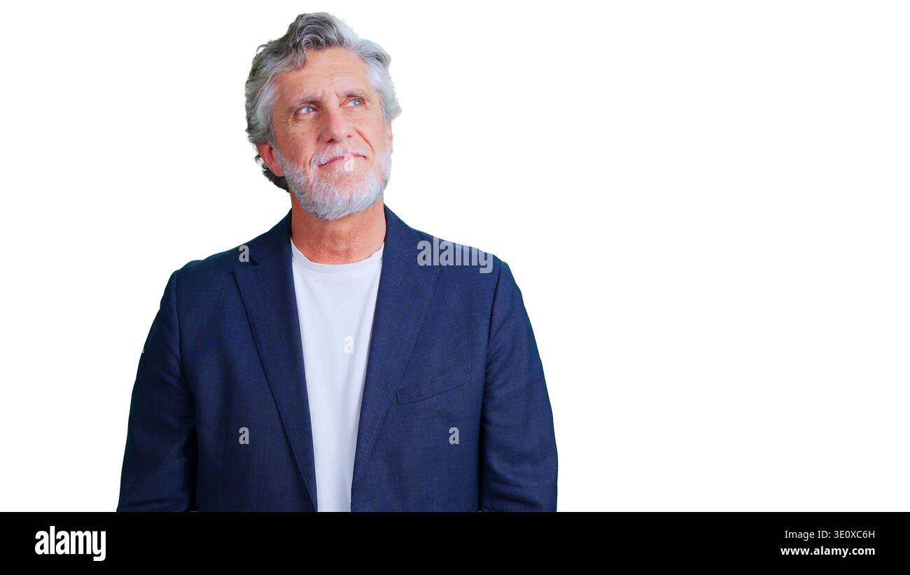 Mature businessman looking up and smiling, transparent background Stock Photo