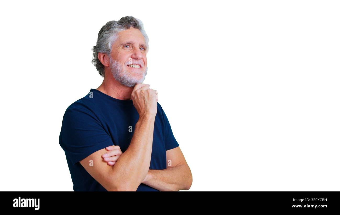 Senior man smiling contemplating looking away on transparent background Stock Photo
