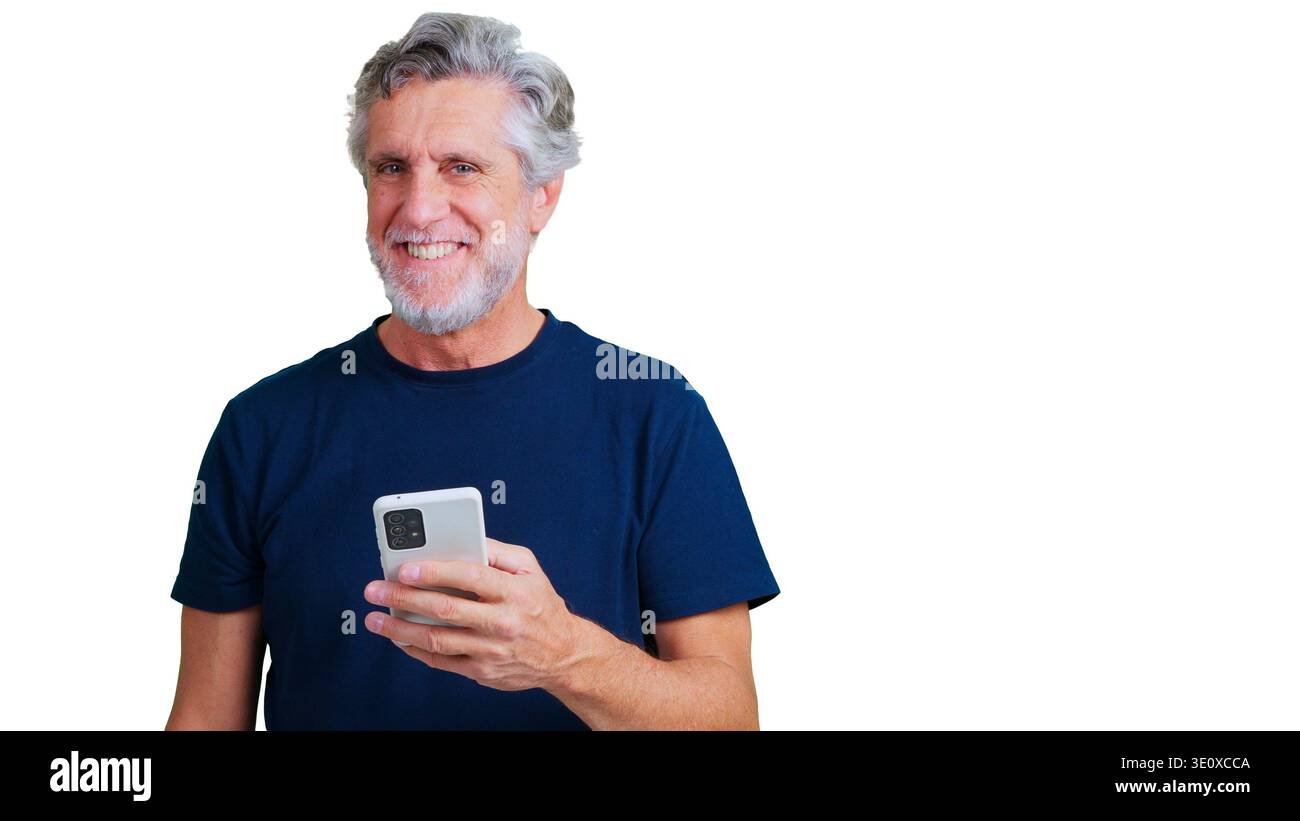 Smiling senior man using smartphone technology on transparent background Stock Photo
