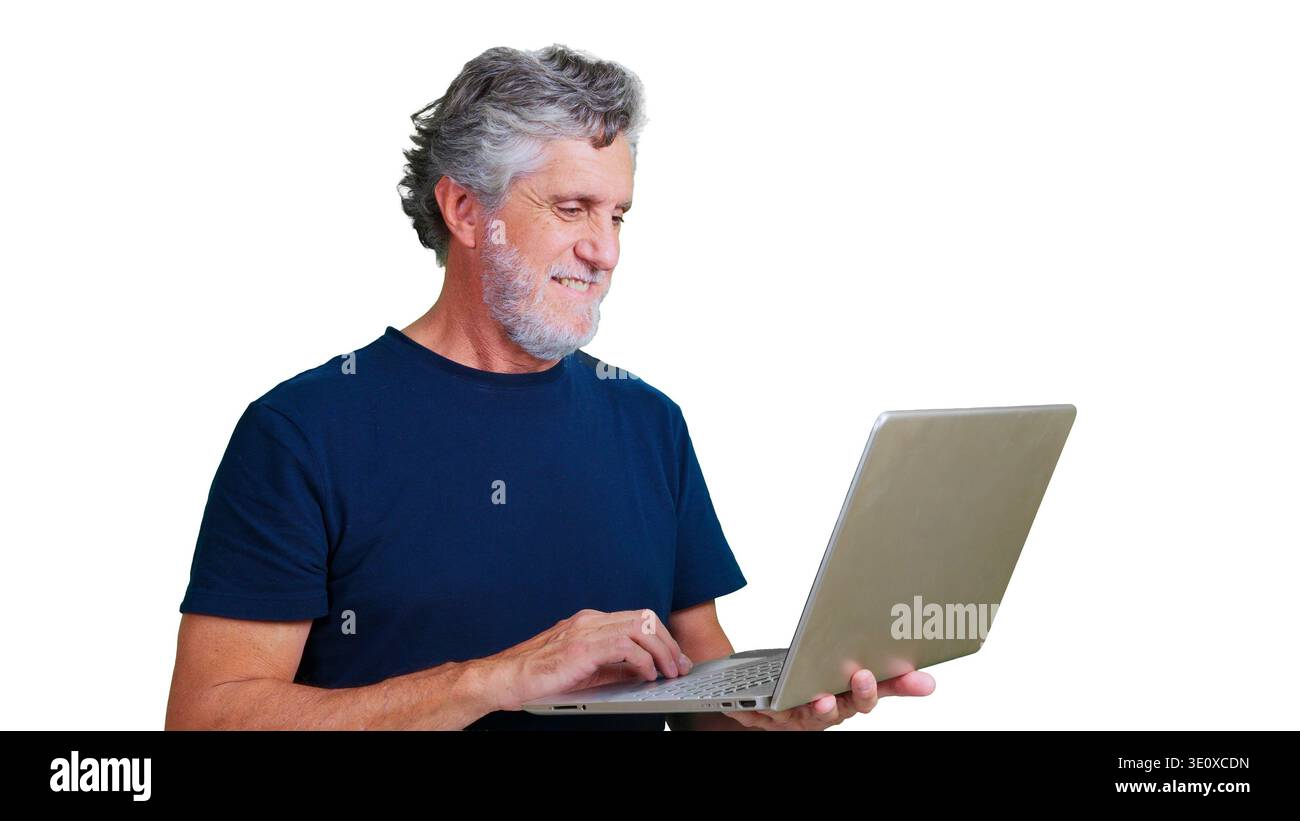 Senior man smiling using laptop, transparent background Stock Photo
