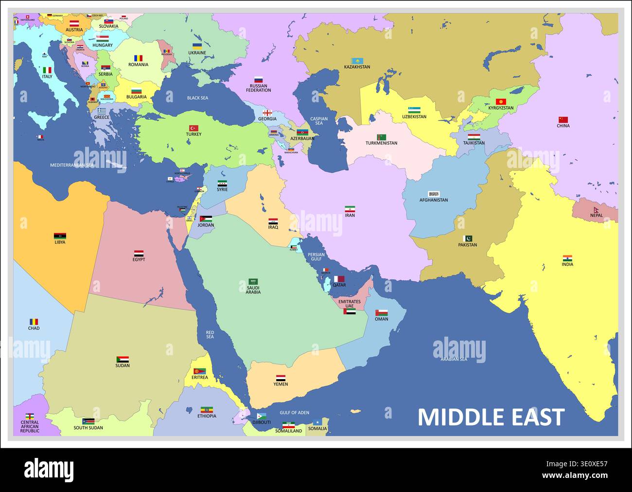 Middle East geographical map with national borders and state flags ...