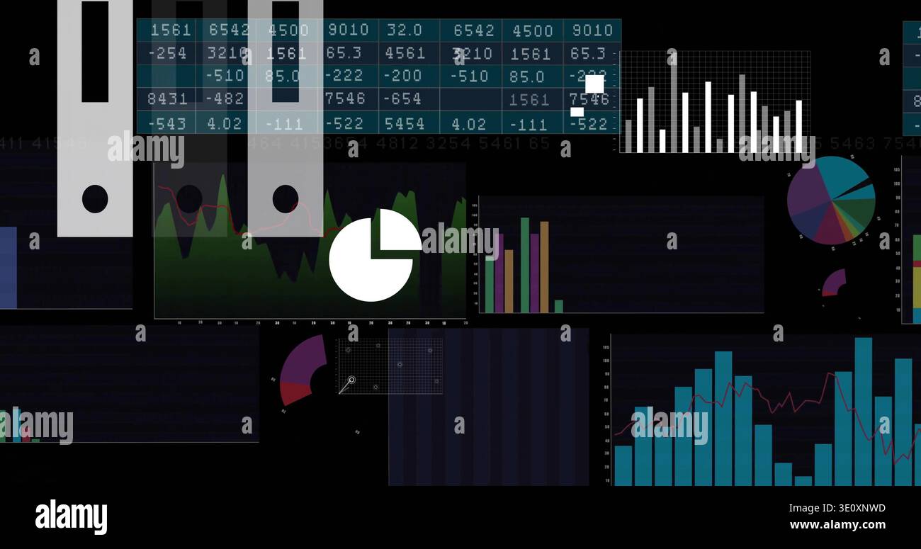 Displaying analytics UI, showing numeric table, pie icon on area chart, bar charts donut Stock Photo