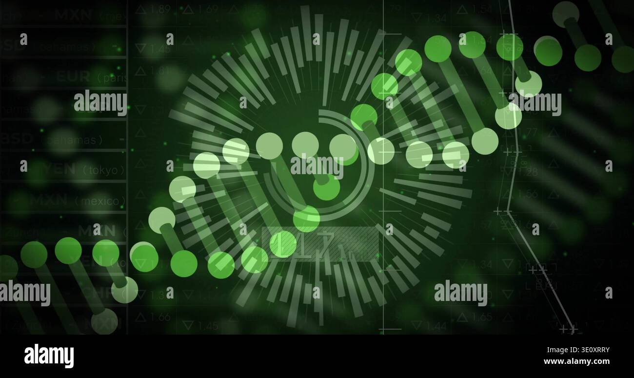 Animating DNA-like helix and central radial HUD on monitor dashboard, with currency ticker panel Stock Photo