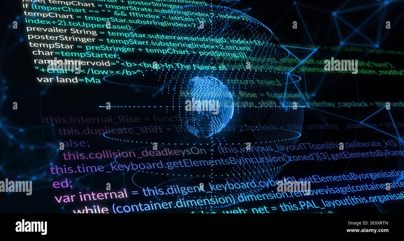 Rotating dotted globe intersecting wireframe network on dark virtual canvas, with code text Stock Photo