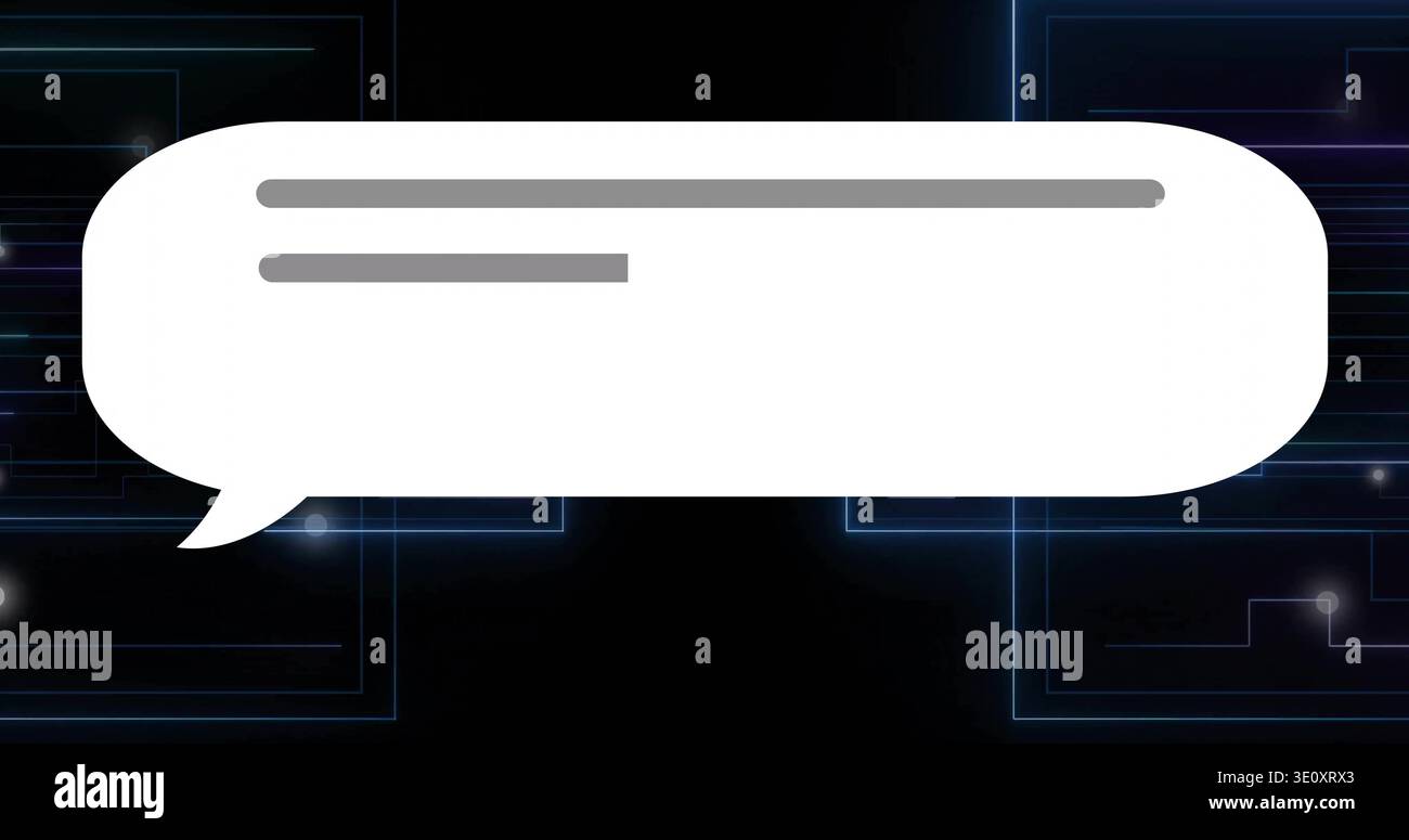 Displaying white speech bubble centered with left tail and two grey bars on neon circuit background Stock Photo