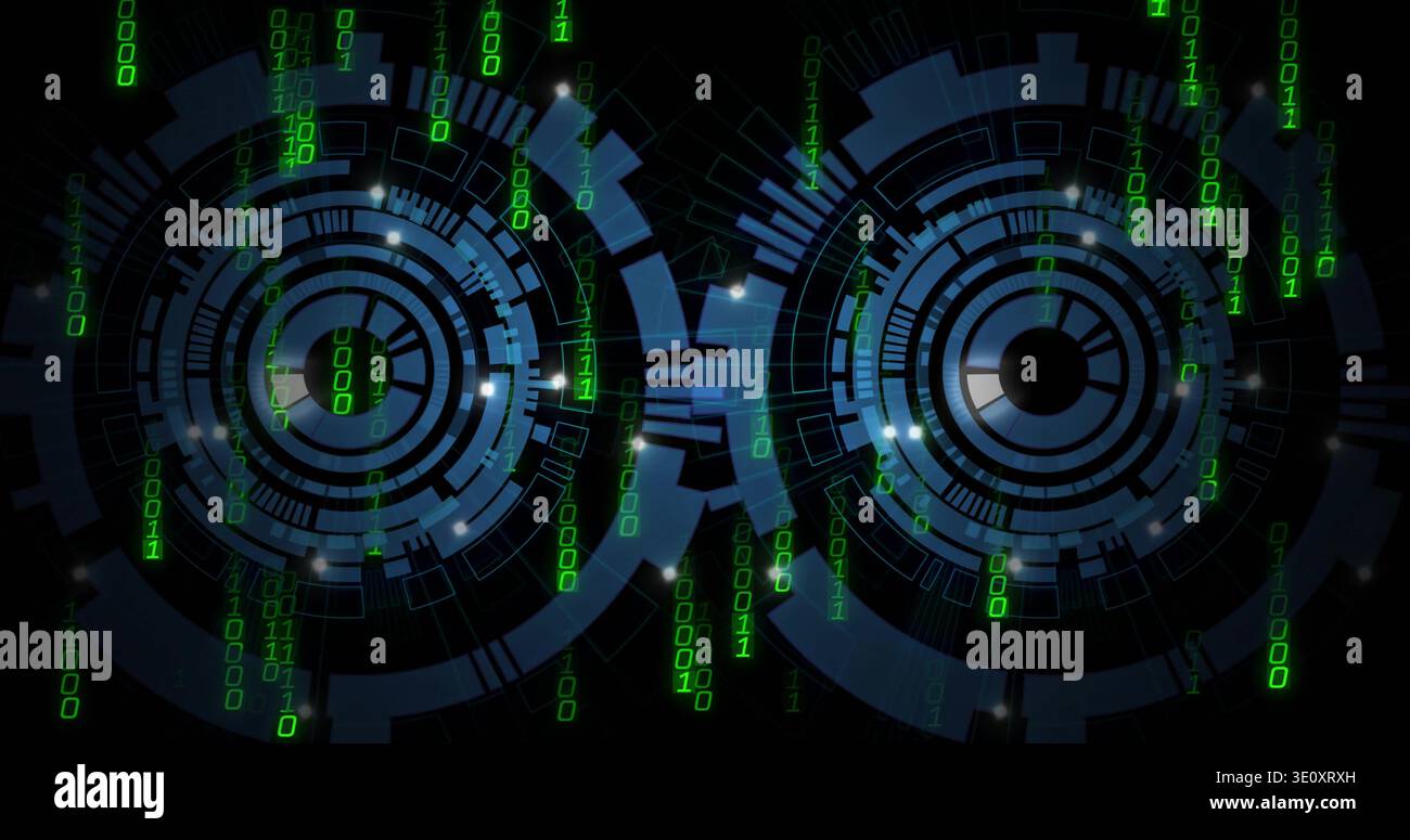 Displaying two blue concentric circular HUDs in dark virtual UI, with falling green binary streams Stock Photo