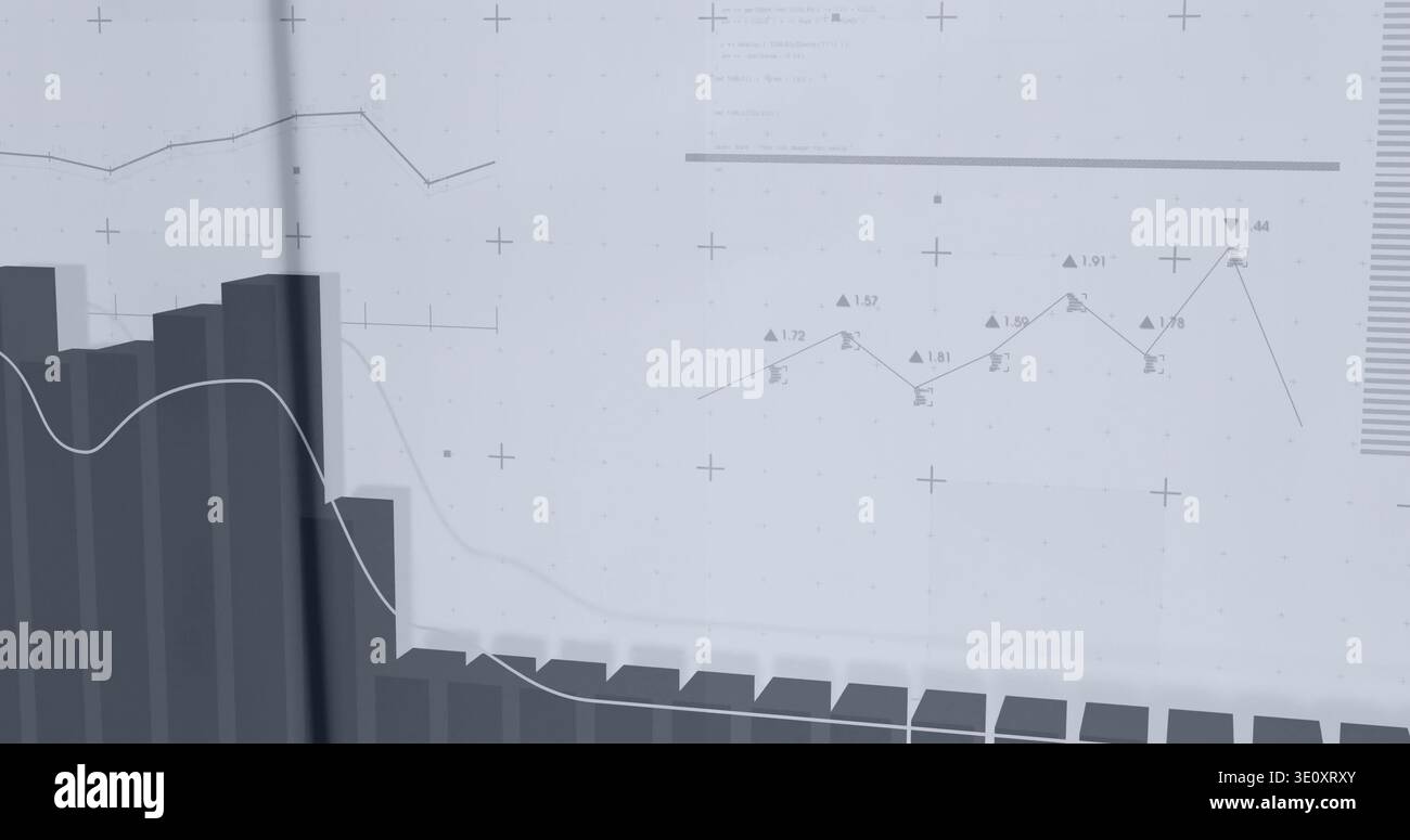 Displaying grayscale 3D bar chart showing layered line plots on printed page, numeric annotations Stock Photo