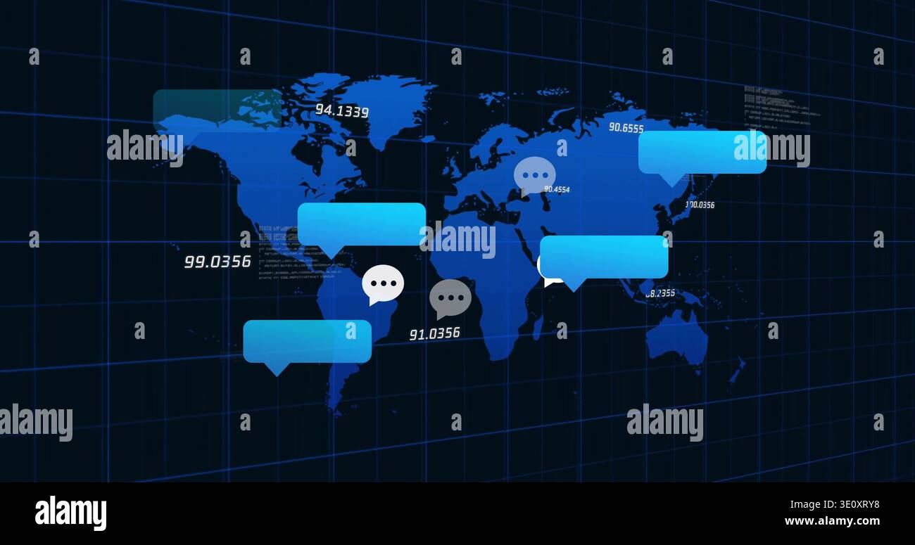 Displaying world map with grid on digital dashboard, showing chat bubbles, coordinates, code Stock Photo